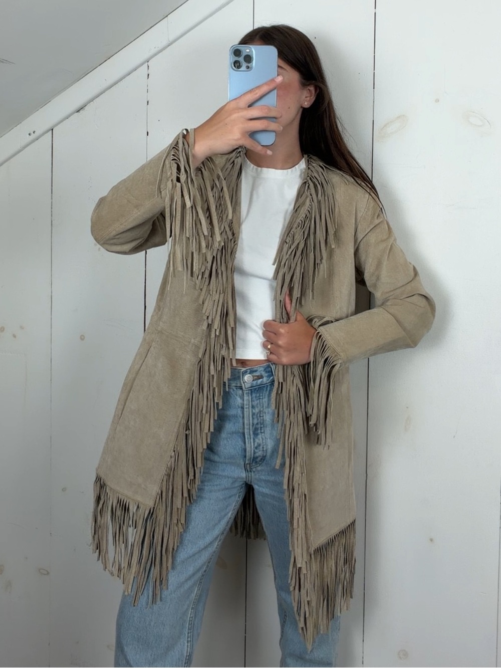 Vintage Wilsons Tan Suede Leather Mid Length Fringe Trim Jacket Women’s Small - Picture 2 of 12